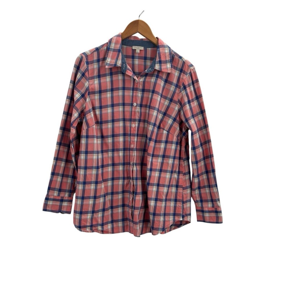 Talbots Womens Size X Button Up Blouse Pink Blue Plaid 100% Cotton Long Sleeve